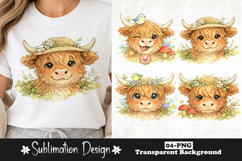 Cute Highland Cow with Hat and Floral Elements Watercolor Product Image 1