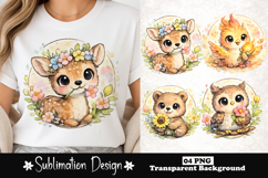 Cute animals with flower watercolor sublimation design Product Image 1