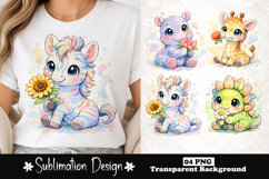 Cute animals with flower watercolor sublimation design Product Image 1