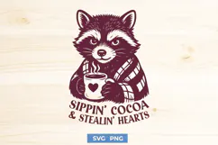 Sippin’ Cocoa & Stealin’ Hearts SVG, Cute Winter Raccoon PNG Product Image 1