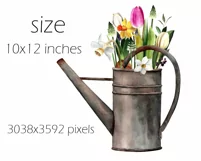 Watercolor spring flowers clipart in watering can.Floral PNG Product Image 2
