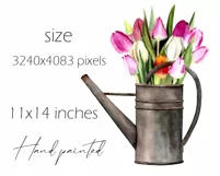 Watercolor tulip clipart in watering can. Spring flowers PNG Product Image 3