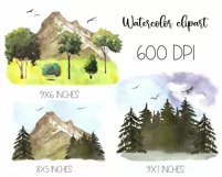 Watercolor mountain landscape clipart. Mountain scenery PNG Product Image 2
