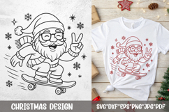 Skater Santa SVG—line-art Santa on skateboard making peace sign with snowflakes, vector for Cricut and laser.