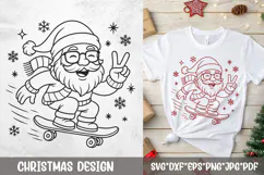 Skater Santa SVG—line-art Santa on skateboard making peace sign with snowflakes, vector for Cricut and laser.