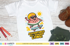 White baby shirt with smiling watermelon on skateboard and the phrase “Adventures all summer long!”.