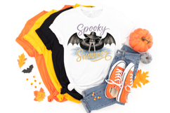 High-resolution gothic beach design featuring a skeleton floating peacefully in a black bat-wing tube with muted watercolor textures and elegant seasonal lettering.