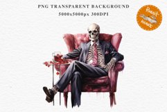 Skeleton In Chair Halloween Creepy Clipart PNG Scrapbooking Fairy Tale Art Image Watercolor Transparent Print illustration sublimation creepy printable digital watercolor Skeleton in suit Skull, spooky clipart, nursery, Creepy halloween decoration art ima