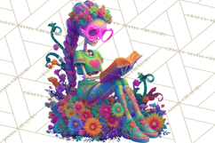 Skeleton Lady Clipart PNG Neon Skull Woman Reading Halloween Product Image 3