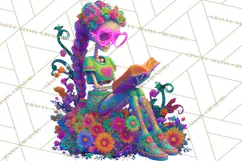 Skeleton Lady Clipart PNG Neon Skull Woman Reading Halloween Product Image 3