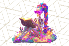 Skeleton Lady Clipart PNG Neon Skull Woman Reading Halloween Product Image 3
