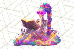 Skeleton Lady Clipart PNG Neon Skull Woman Reading Halloween Product Image 3