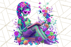 Skeleton Lady Clipart PNG Neon Skull Woman Reading Halloween Product Image 5