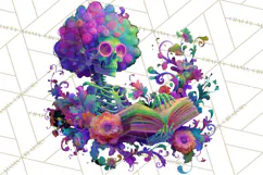 Skeleton Lady Clipart PNG Neon Skull Woman Reading Halloween Product Image 3