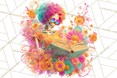 Skeleton Lady Clipart PNG Neon Skull Woman Reading Halloween Product Image 5