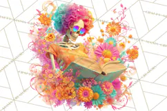 Skeleton Lady Clipart PNG Neon Skull Woman Reading Halloween Product Image 5