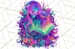 Skeleton Lady Clipart PNG Neon Skull Woman Reading Halloween Product Image 2