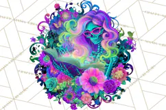 Skeleton Lady Clipart PNG Neon Skull Woman Reading Halloween Product Image 3