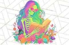 Skeleton Lady Clipart PNG Neon Skull Woman Reading Halloween Product Image 4