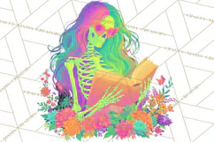 Skeleton Lady Clipart PNG Neon Skull Woman Reading Halloween Product Image 4