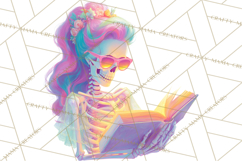 Skeleton Lady Clipart PNG Neon Skull Woman Reading Halloween Product Image 2