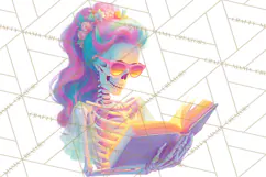 Skeleton Lady Clipart PNG Neon Skull Woman Reading Halloween Product Image 2