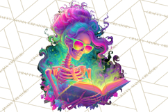 Skeleton Lady Clipart PNG Neon Skull Woman Reading Halloween Product Image 3