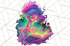 Skeleton Lady Clipart PNG Neon Skull Woman Reading Halloween Product Image 3