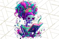 Skeleton Lady Clipart PNG Neon Skull Woman Reading Halloween Product Image 4