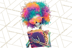 Skeleton Lady Clipart PNG Neon Skull Woman Reading Halloween Product Image 2