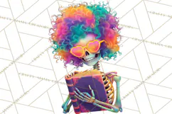 Skeleton Lady Clipart PNG Neon Skull Woman Reading Halloween Product Image 2