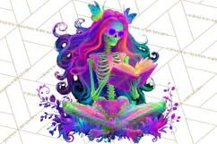 Skeleton Lady Clipart PNG Neon Skull Woman Reading Halloween Product Image 3