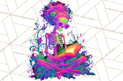 Skeleton Lady Clipart PNG Neon Skull Woman Reading Halloween Product Image 4