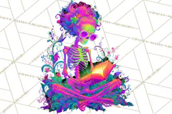 Skeleton Lady Clipart PNG Neon Skull Woman Reading Halloween Product Image 4