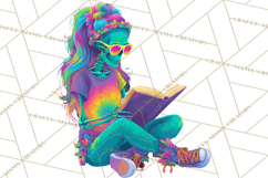 Skeleton Lady Clipart PNG Neon Skull Woman Reading Halloween Product Image 2