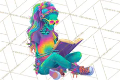 Skeleton Lady Clipart PNG Neon Skull Woman Reading Halloween Product Image 2