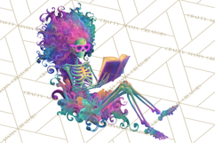 Skeleton Lady Clipart PNG Neon Skull Woman Reading Halloween Product Image 3