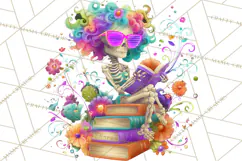 Skeleton Lady Clipart PNG Neon Skull Woman Reading Halloween Product Image 4
