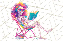Skeleton Lady Clipart PNG Neon Skull Woman Reading Halloween Product Image 5