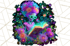 Skeleton Lady Clipart PNG Neon Skull Woman Reading Halloween Product Image 2