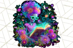 Skeleton Lady Clipart PNG Neon Skull Woman Reading Halloween Product Image 2