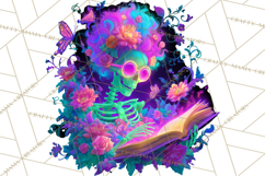 Skeleton Lady Clipart PNG Neon Skull Woman Reading Halloween Product Image 3