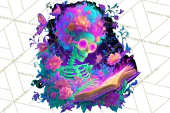 Skeleton Lady Clipart PNG Neon Skull Woman Reading Halloween Product Image 3