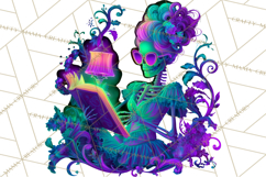 Skeleton Lady Clipart PNG Neon Skull Woman Reading Halloween Product Image 4