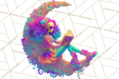 Skeleton Lady Clipart PNG Neon Skull Woman Reading Halloween Product Image 5