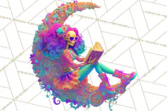 Skeleton Lady Clipart PNG Neon Skull Woman Reading Halloween Product Image 5