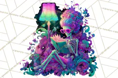 Skeleton Lady Clipart PNG Neon Skull Woman Reading Halloween Product Image 3