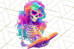 Skeleton Lady Clipart PNG Neon Skull Woman Reading Halloween Product Image 5
