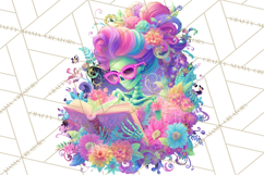 Skeleton Lady Clipart PNG Neon Skull Woman Reading Halloween Product Image 5