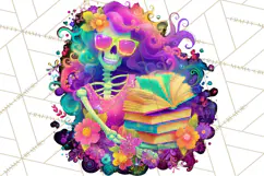 Skeleton Lady Clipart PNG Neon Skull Woman Reading Halloween Product Image 2